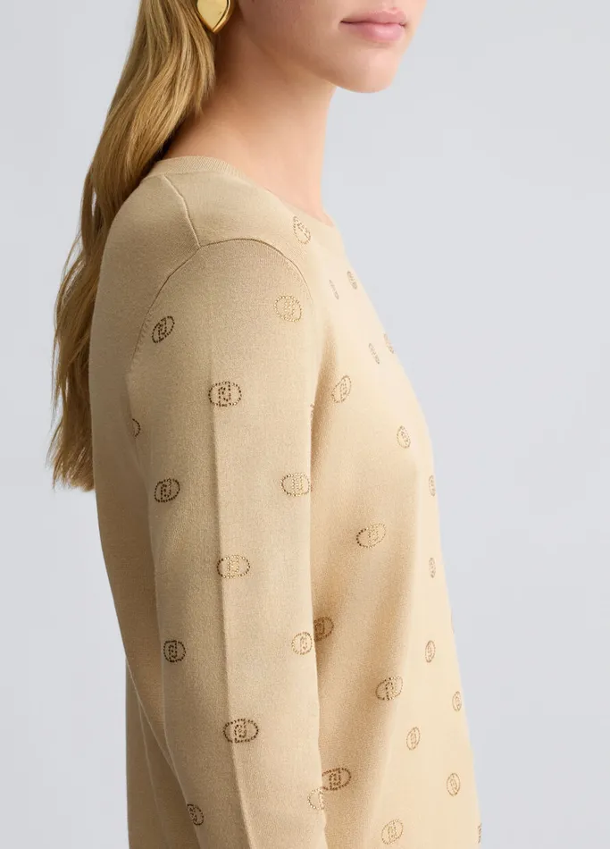 Women Liujo Jumpers and Cardigans Top With Logo And Gemstones Beige