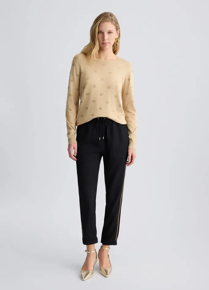 Women Liujo Jumpers and Cardigans Top With Logo And Gemstones Beige