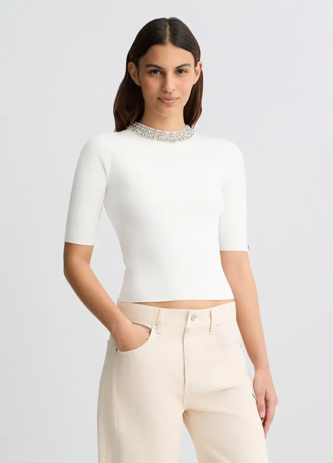 Women Liujo Party White Crop Top With Bejewelled Embellishment