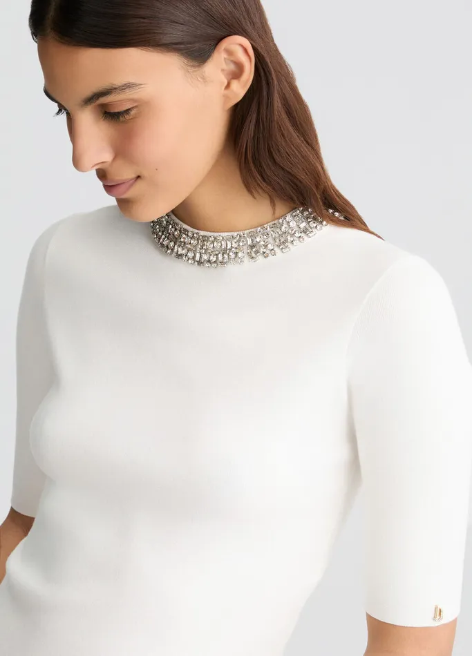 Women Liujo Party White Crop Top With Bejewelled Embellishment