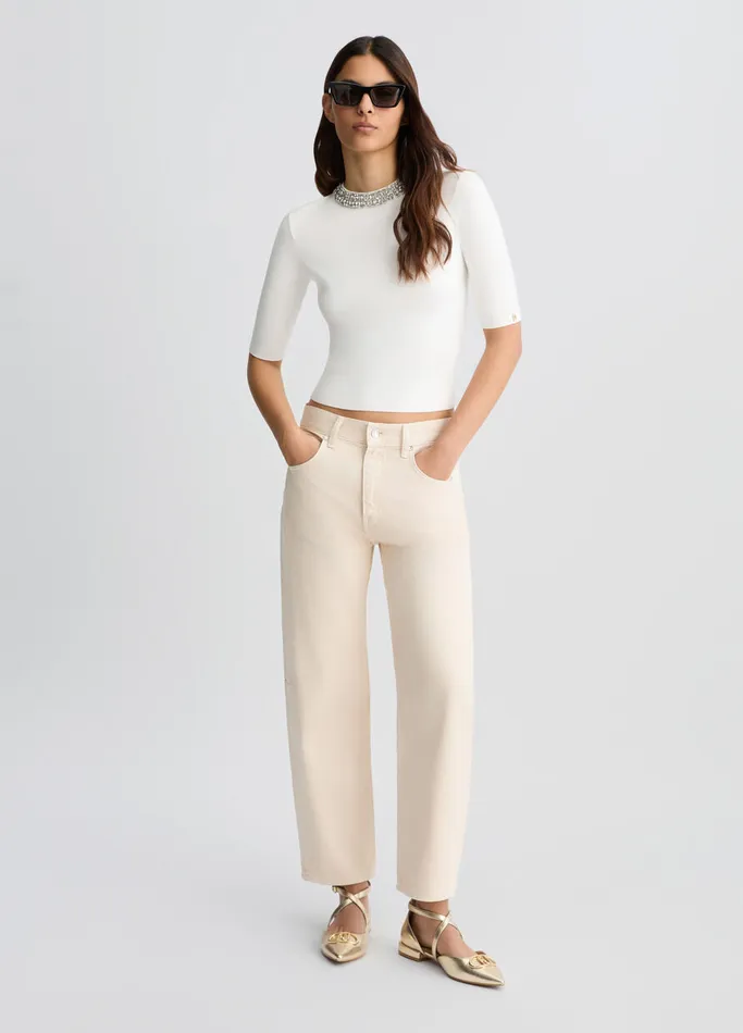 Women Liujo Party White Crop Top With Bejewelled Embellishment