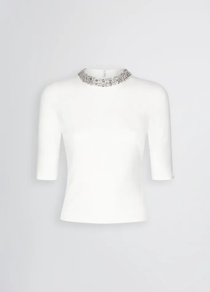Women Liujo Party White Crop Top With Bejewelled Embellishment