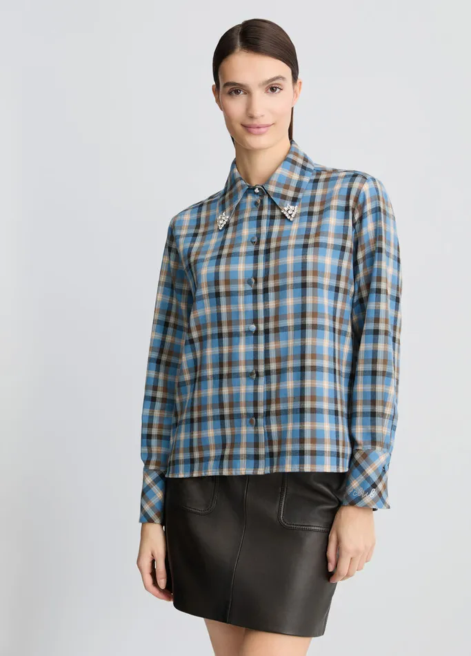 Women Liujo Shirts and Blouses Checked Shirt With Bejewelled Embroidery Light Blue