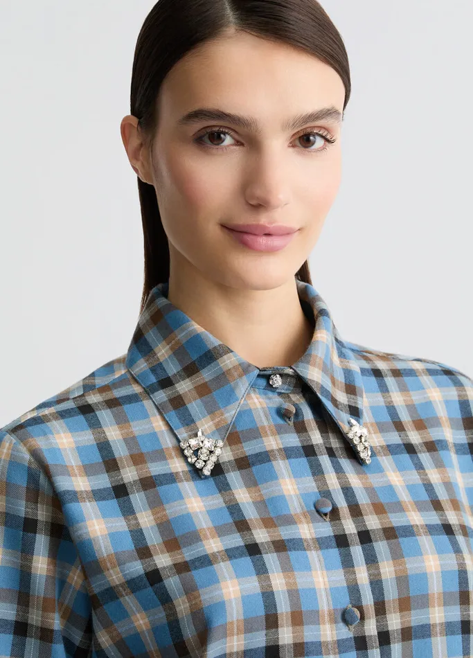 Women Liujo Shirts and Blouses Checked Shirt With Bejewelled Embroidery Light Blue Women Liujo Shirts and Blouses Checked Shirt With Bejewelled Embroidery Light Blue