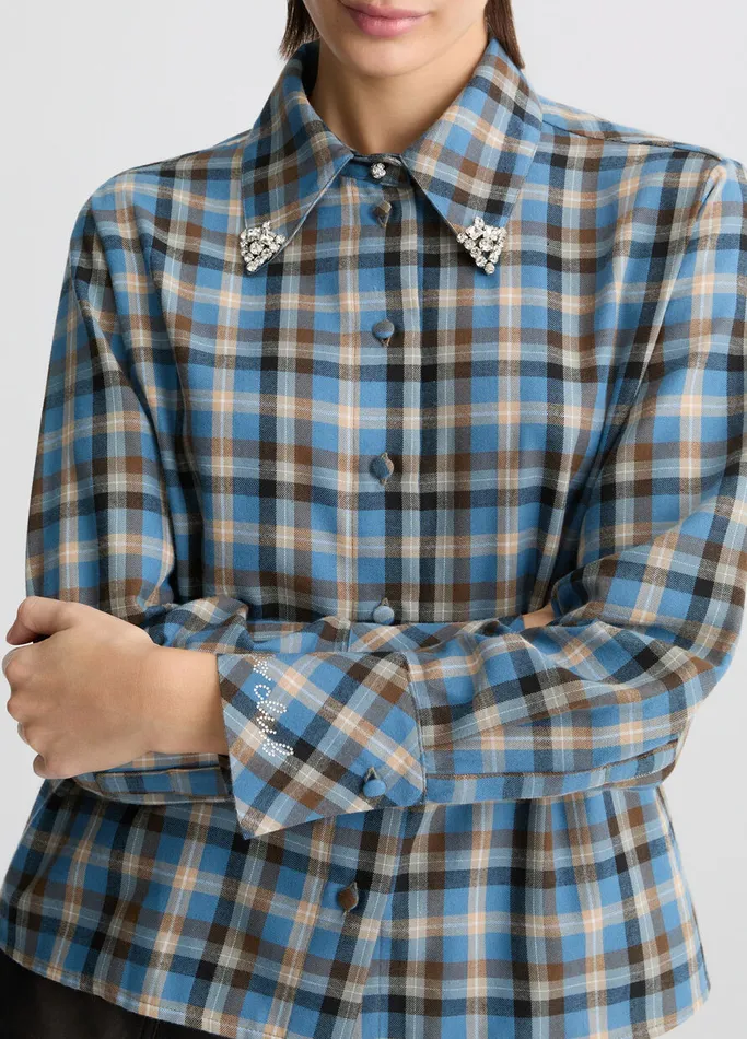Women Liujo Shirts and Blouses Checked Shirt With Bejewelled Embroidery Light Blue Women Liujo Shirts and Blouses Checked Shirt With Bejewelled Embroidery Light Blue