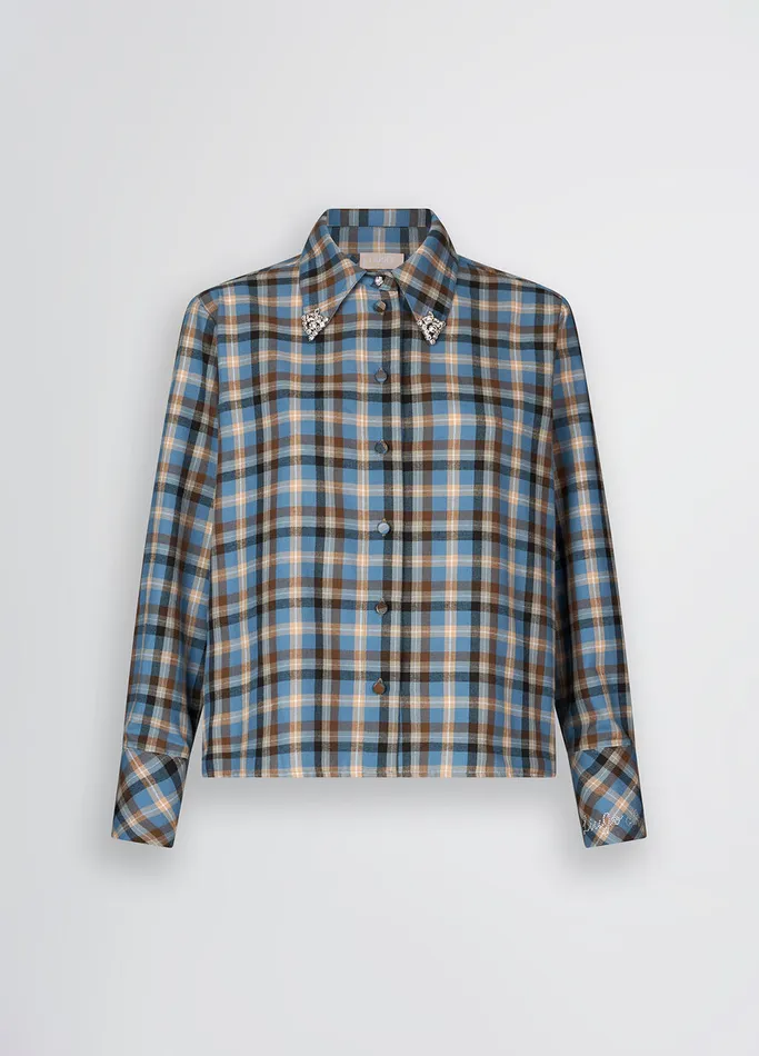 Women Liujo Shirts and Blouses Checked Shirt With Bejewelled Embroidery Light Blue Women Liujo Shirts and Blouses Checked Shirt With Bejewelled Embroidery Light Blue
