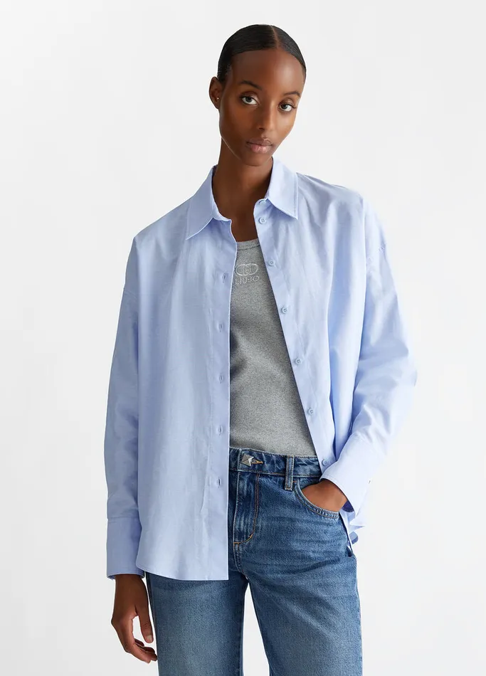Women Liujo Shirts and Blouses Cotton Oxford Shirt Light Blue