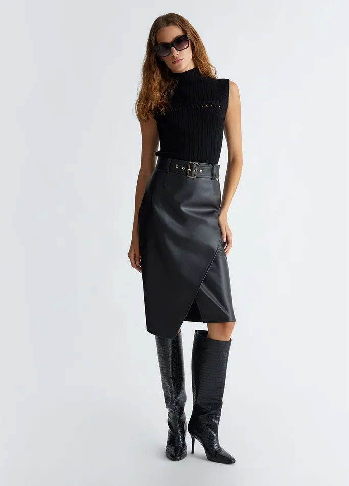 Women Liujo Skirts Black Coated Fabric Midi Skirt