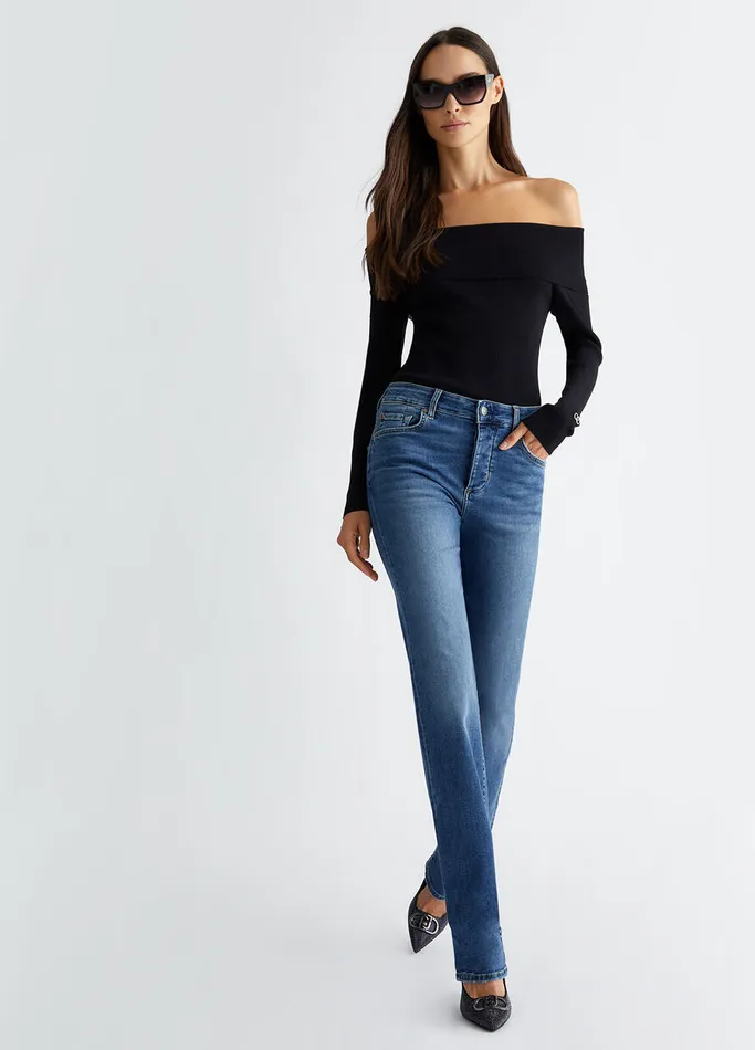 Women Liujo Straight Leg Jeans HighWaisted StraightLeg Jeans Blue Denim