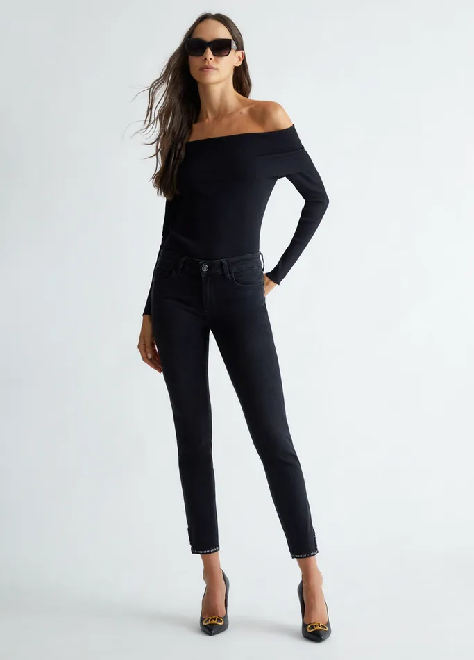Women Liujo Straight Leg Jeans Straight Bottom Up Jeans Black Denim