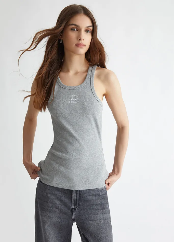 Women Liujo Tops And TShirts Ribbed Top With Logo Grey