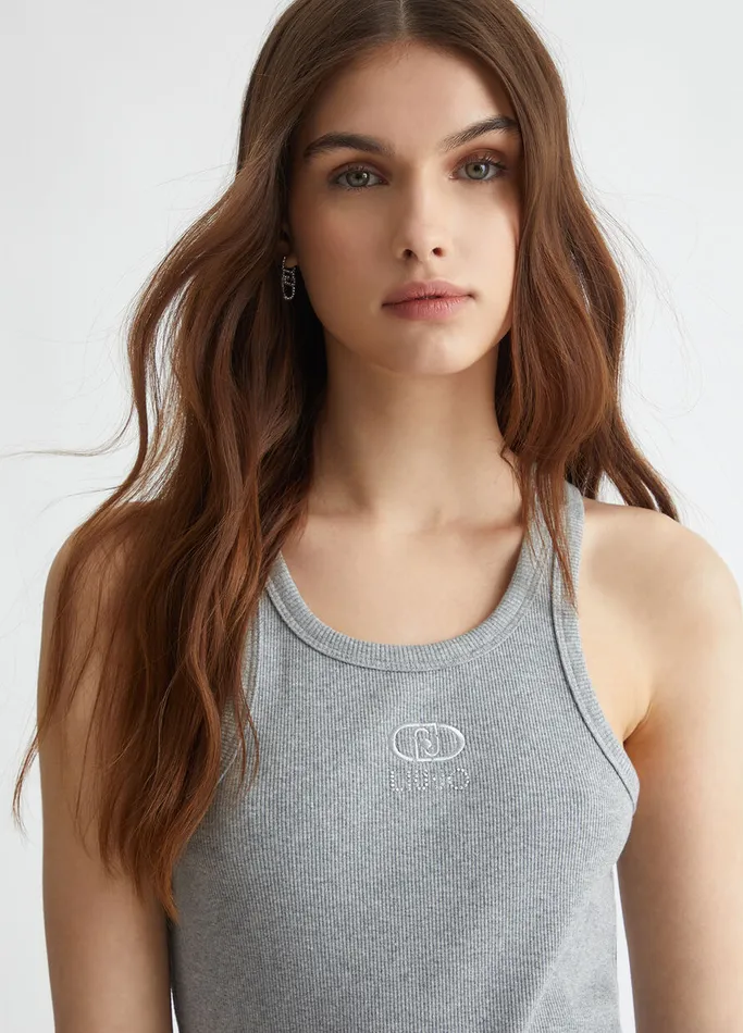 Women Liujo Tops And TShirts Ribbed Top With Logo Grey