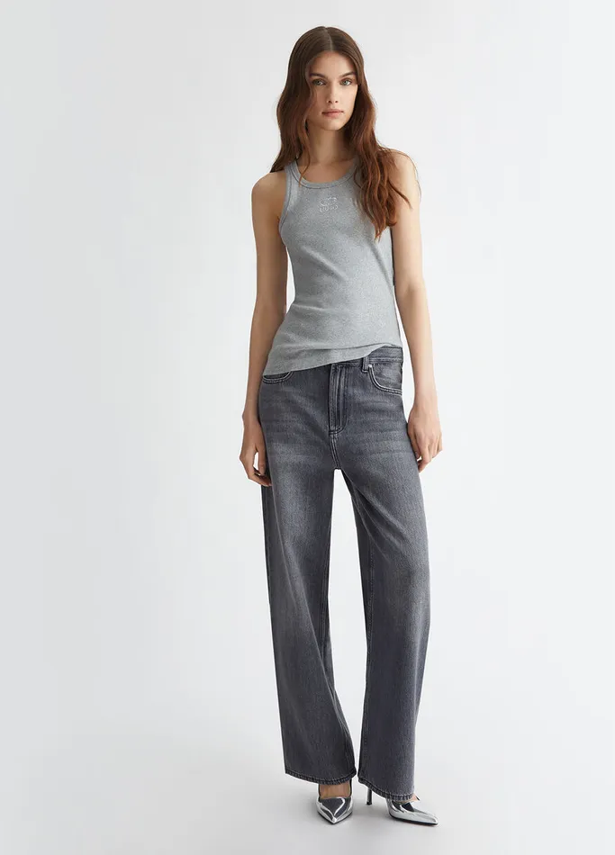 Women Liujo Tops And TShirts Ribbed Top With Logo Grey
