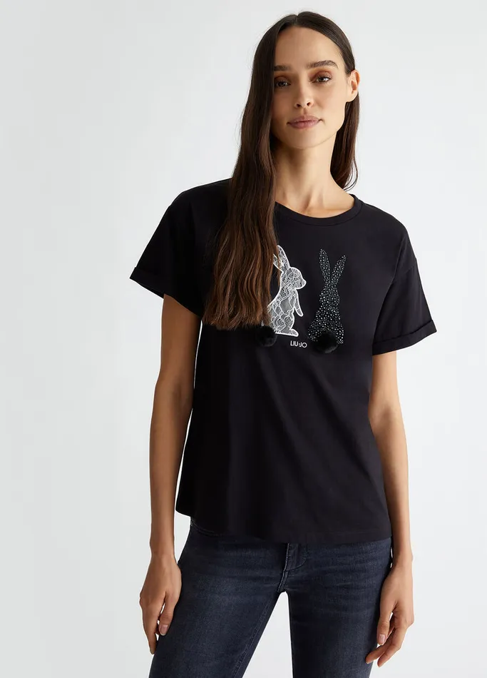 Women Liujo Tops And TShirts TShirt With Embroidery And Appliqus Blackbunny