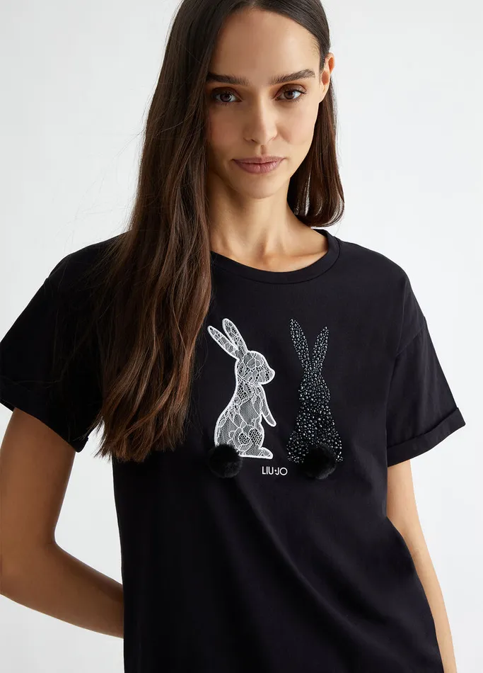 Women Liujo Tops And TShirts TShirt With Embroidery And Appliqus Blackbunny