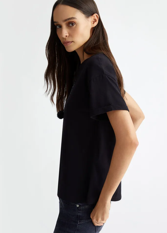 Women Liujo Tops And TShirts TShirt With Embroidery And Appliqus Blackbunny