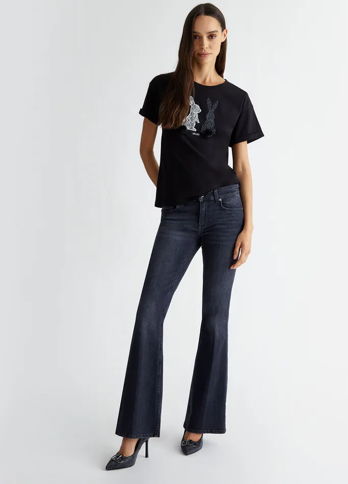 Women Liujo Tops And TShirts TShirt With Embroidery And Appliqus Blackbunny