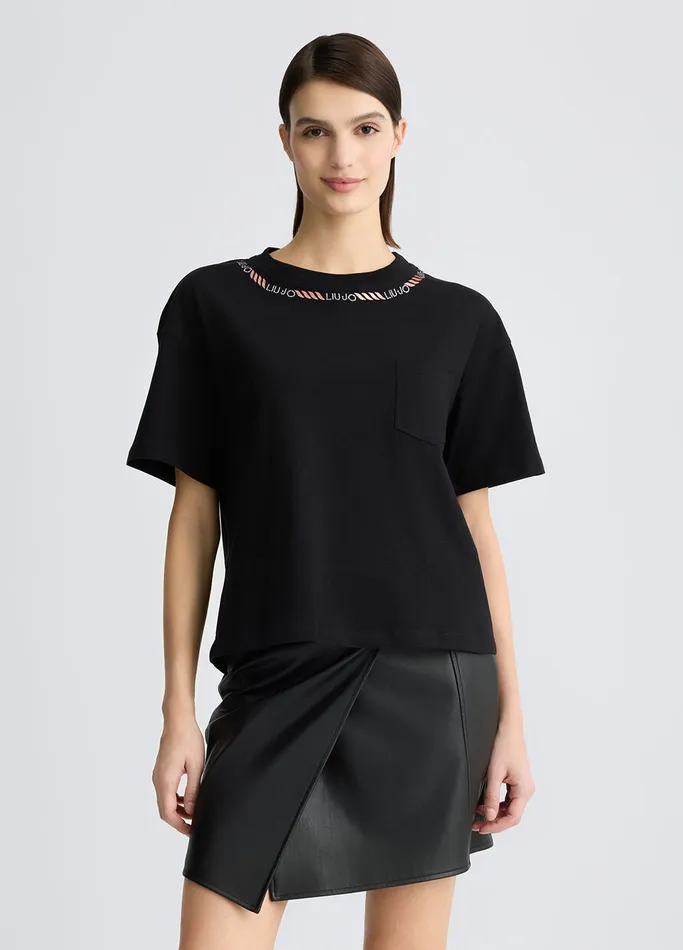 Women Liujo Tops And TShirts TShirt With Logo And Gemstones Black