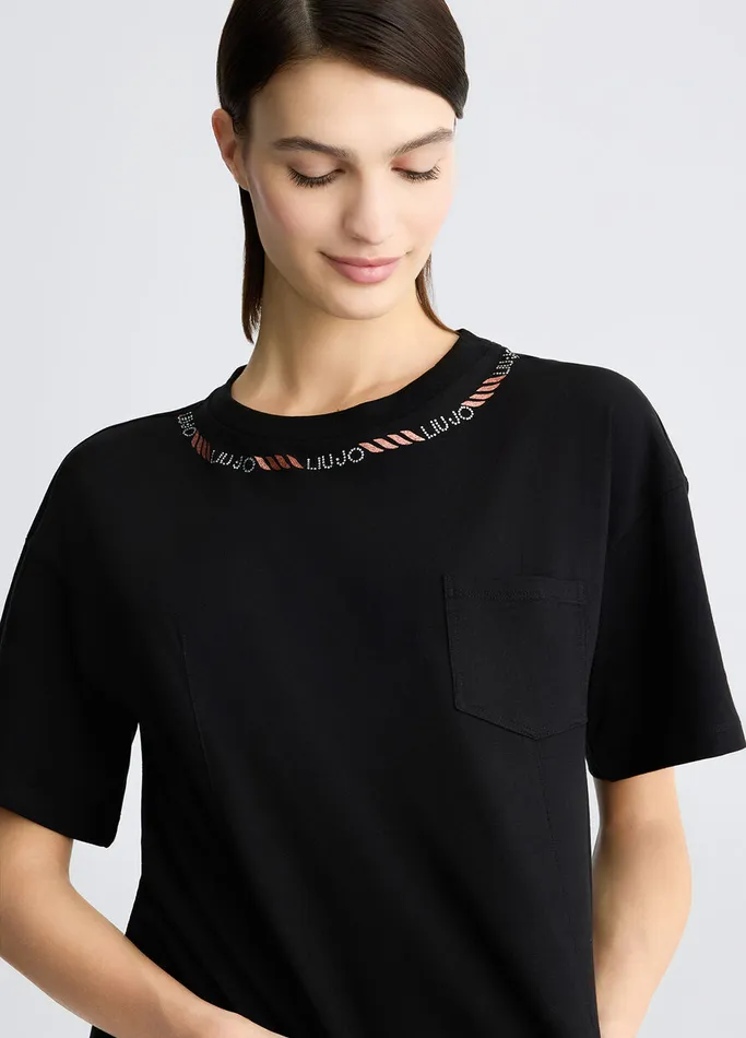 Women Liujo Tops And TShirts TShirt With Logo And Gemstones Black