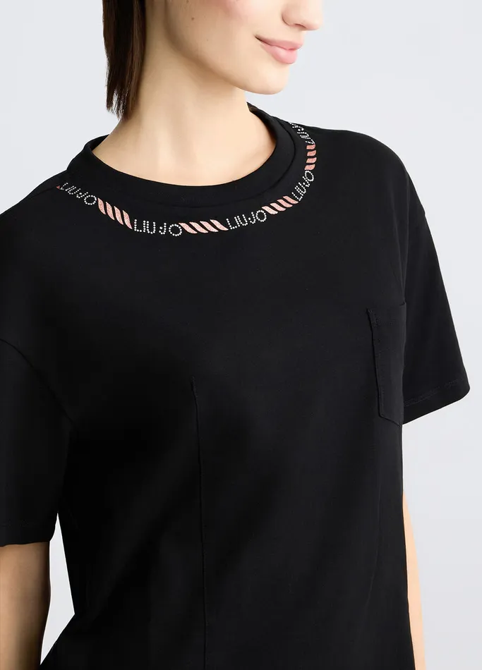 Women Liujo Tops And TShirts TShirt With Logo And Gemstones Black