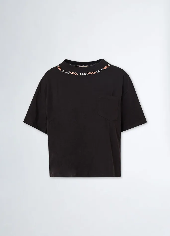 Women Liujo Tops And TShirts TShirt With Logo And Gemstones Black