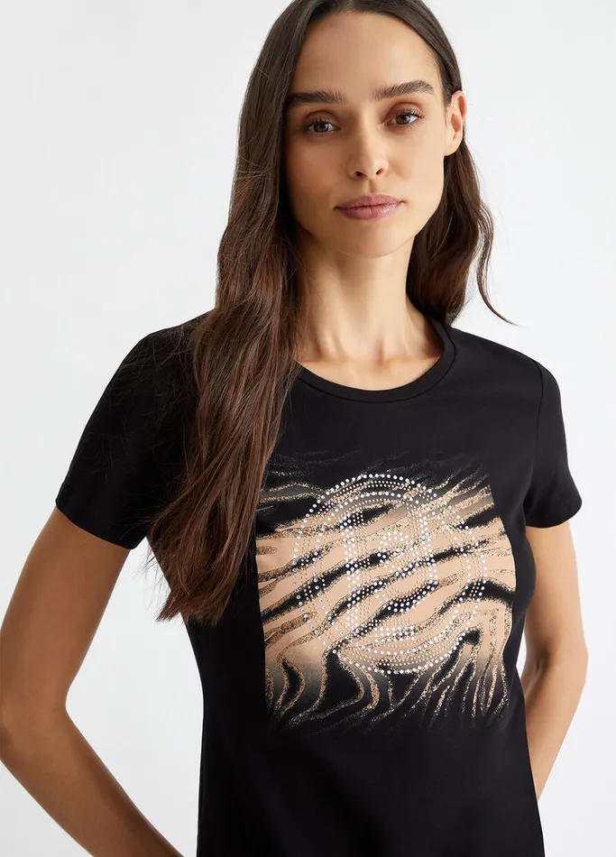 Women Liujo Tops And TShirts TShirt With Logo And Gemstones Blackcircle Print