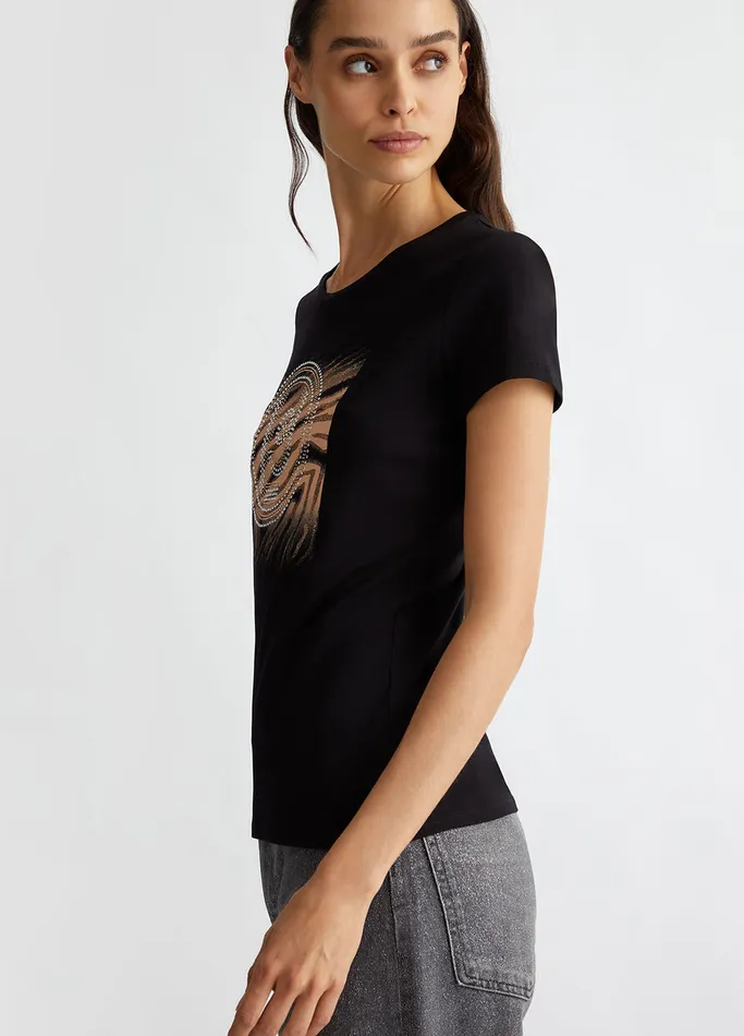 Women Liujo Tops And TShirts TShirt With Logo And Gemstones Blackcircle Print