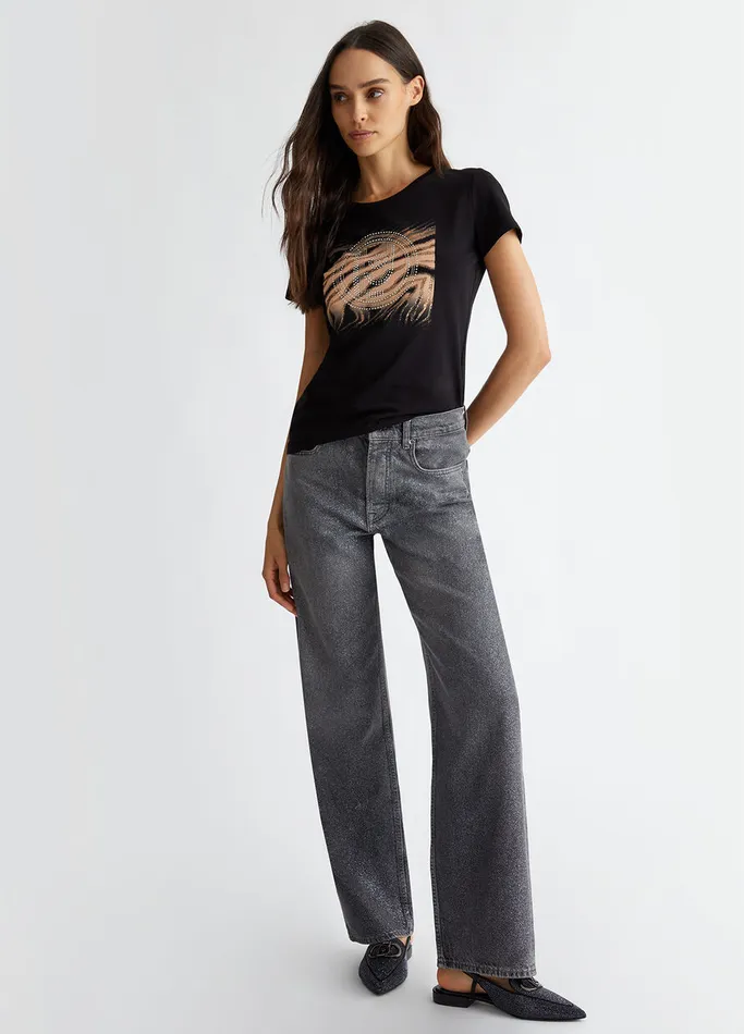 Women Liujo Tops And TShirts TShirt With Logo And Gemstones Blackcircle Print