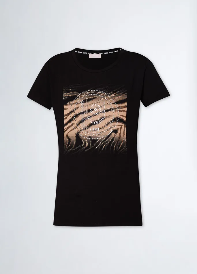 Women Liujo Tops And TShirts TShirt With Logo And Gemstones Blackcircle Print