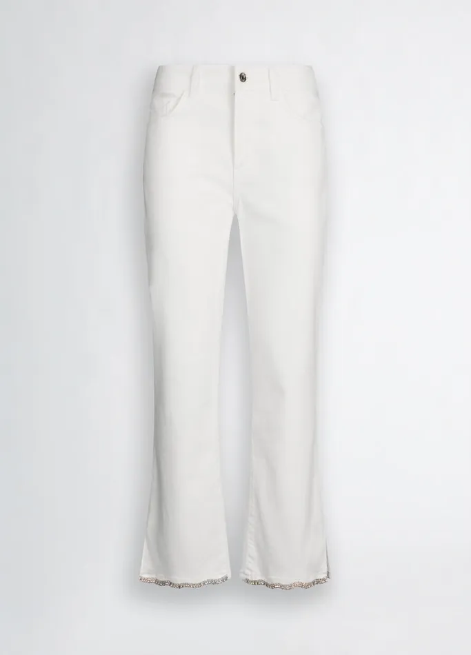Women Liujo Trousers Bottom Up Bootcut Jeans With Rhinestones White Wool