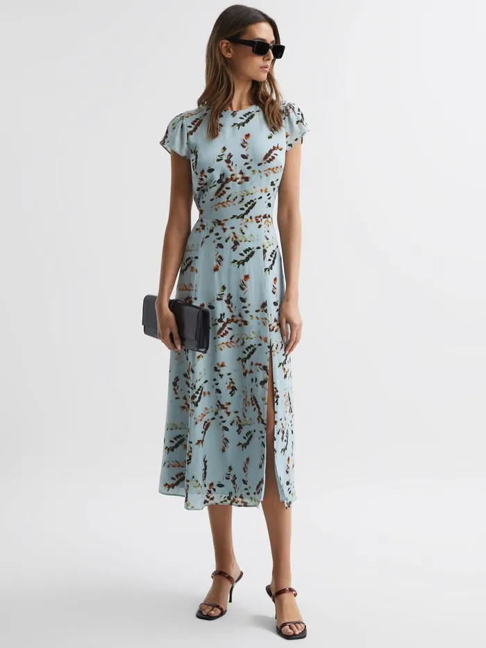 Women Livia Printed Cut Out Back Midi Dress Blue Reiss Dresses