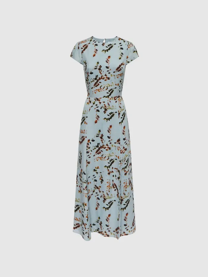 Women Livia Printed Cut Out Back Midi Dress Blue Reiss Dresses