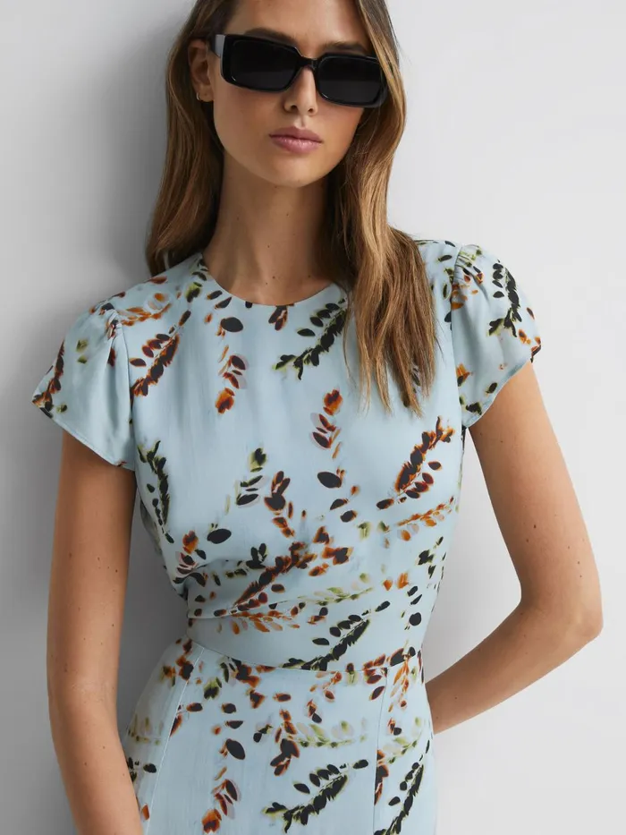 Women Livia Printed Cut Out Back Midi Dress Blue Reiss Dresses