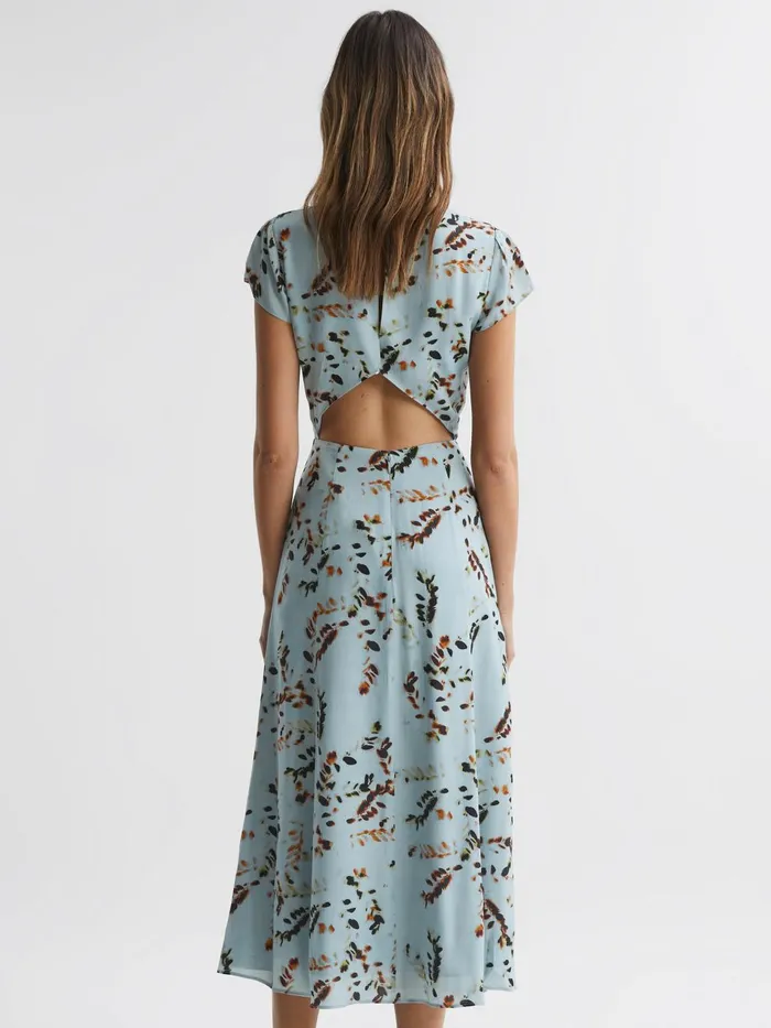 Women Livia Printed Cut Out Back Midi Dress Blue Reiss Dresses