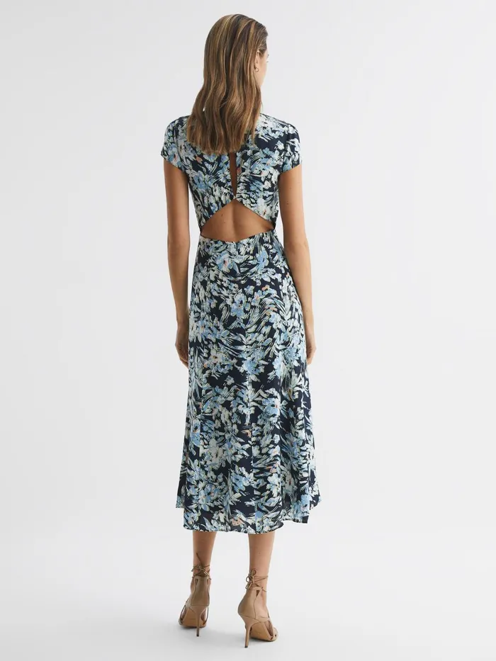 Women Livia Printed Cut Out Back Midi Dress Blue Reiss Dresses
