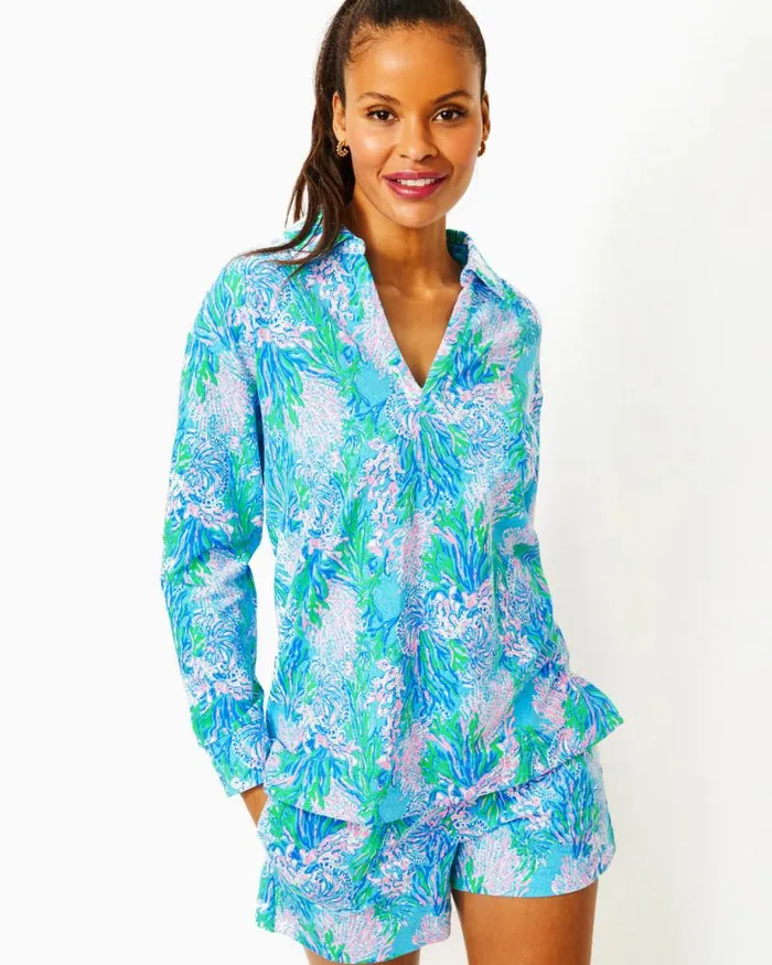 Women Loungewear Lilly Pulitzer Clanton Long Sleeve Top and Loxley Knit Short Set Las Olas Aqua Strong Current Sea Women Loungewear Lilly Pulitzer Clanton Long Sleeve Top and Loxley Knit Short Set Las Olas Aqua Strong Current Sea