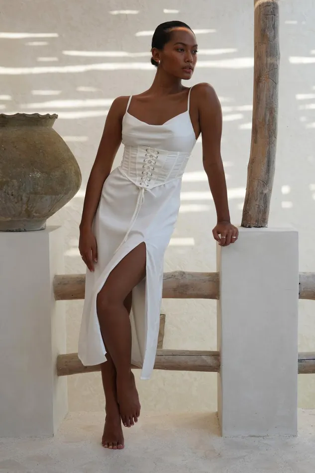 Women Lucy Cowl Midi Dress With Corset 8211 White White Meshki Midi Dresses