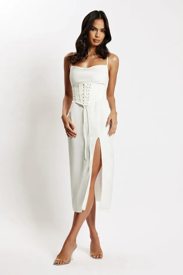 Women Lucy Cowl Midi Dress With Corset 8211 White White Meshki Midi Dresses Women Lucy Cowl Midi Dress With Corset 8211 White White Meshki Midi Dresses