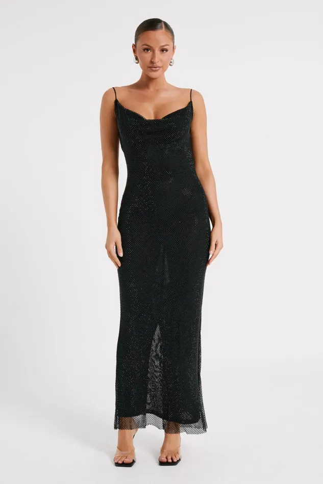 Women Madelaine Diamante Mesh Cowl Maxi Dress 8211 Black Black Meshki Maxi Dresses