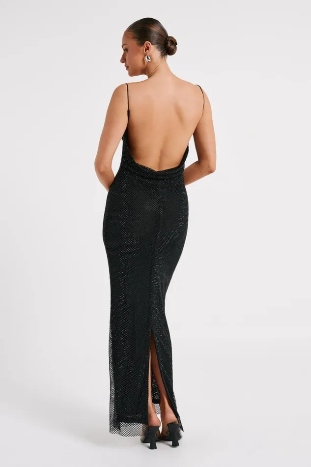 Women Madelaine Diamante Mesh Cowl Maxi Dress 8211 Black Black Meshki Maxi Dresses
