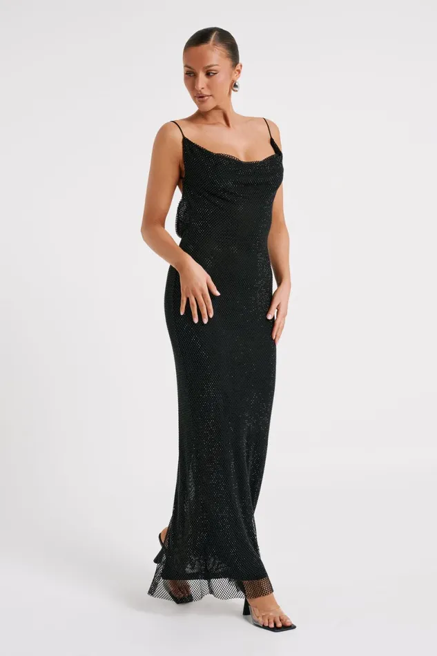 Women Madelaine Diamante Mesh Cowl Maxi Dress 8211 Black Black Meshki Maxi Dresses