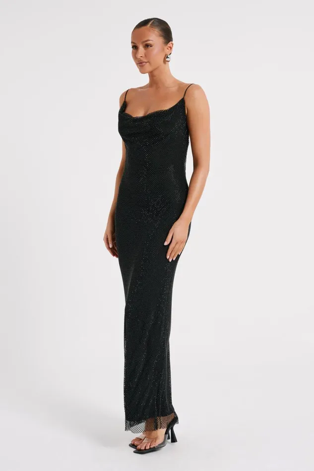 Women Madelaine Diamante Mesh Cowl Maxi Dress 8211 Black Black Meshki Maxi Dresses