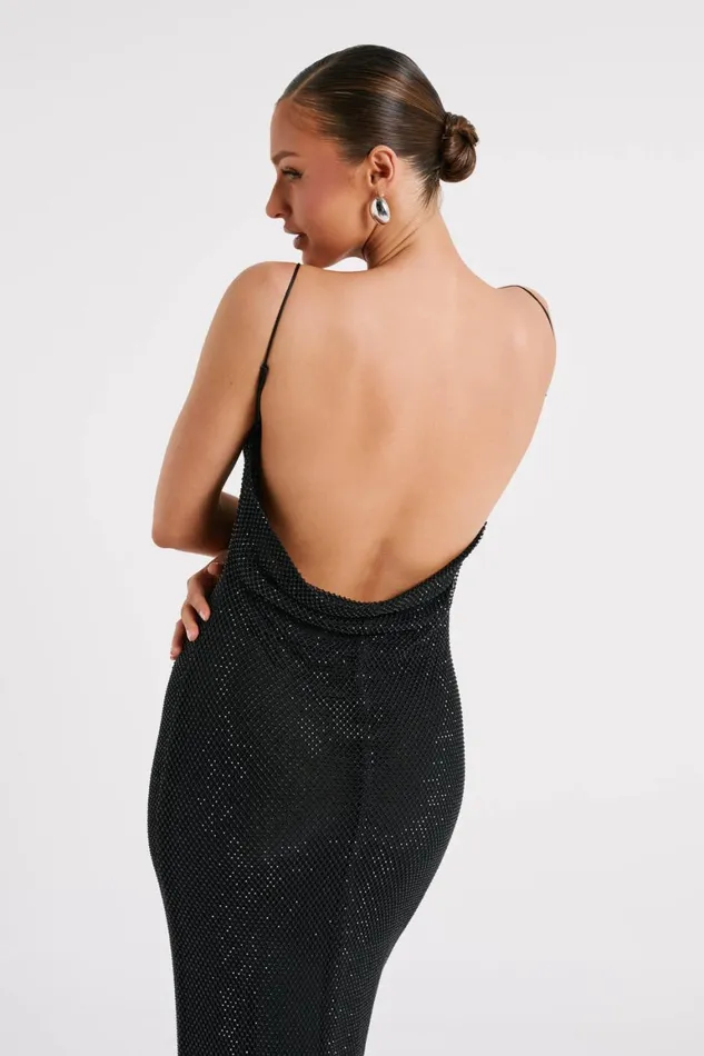 Women Madelaine Diamante Mesh Cowl Maxi Dress 8211 Black Black Meshki Maxi Dresses