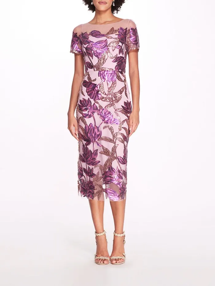 Women Marchesa Notte Marchesa Lotus Sequin CapSleeved Pencil Dress Purple Mauve