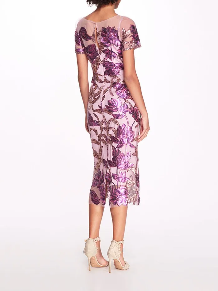 Women Marchesa Notte Marchesa Lotus Sequin CapSleeved Pencil Dress Purple Mauve