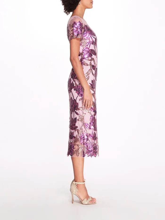 Women Marchesa Notte Marchesa Lotus Sequin CapSleeved Pencil Dress Purple Mauve