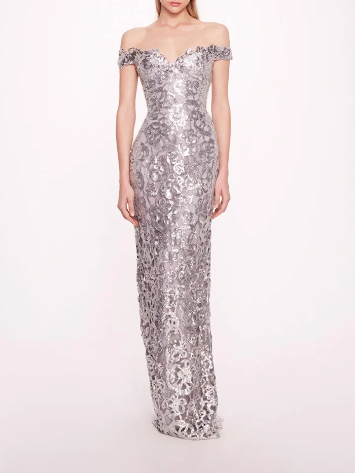 Women Marchesa Notte Marchesa Organic Neckline Sequin Gown Silver