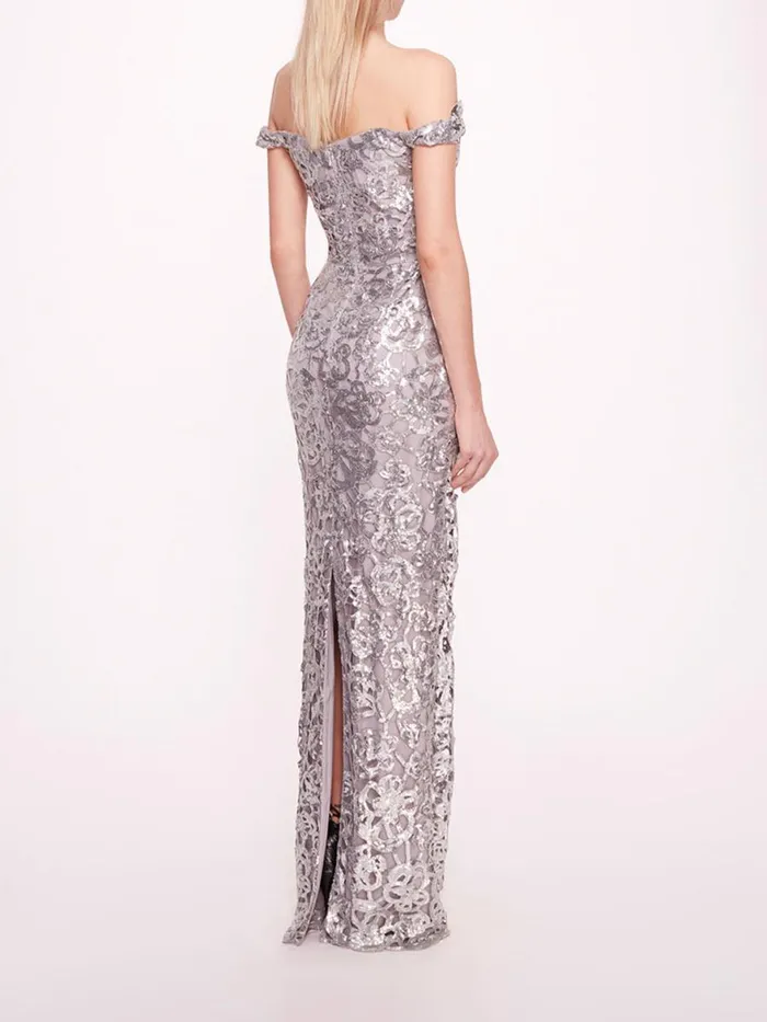 Women Marchesa Notte Marchesa Organic Neckline Sequin Gown Silver