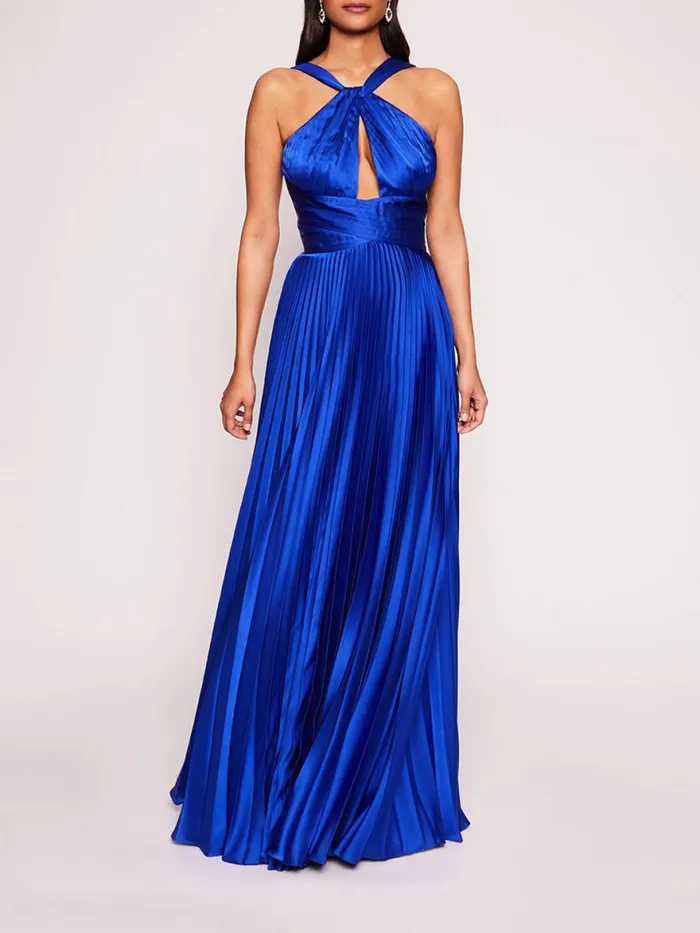 Women Marchesa Notte Marchesa Pleated Foil Gown Sapphire