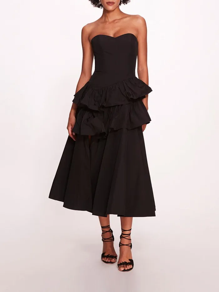 Women Marchesa Notte Marchesa Taffeta Tiered Midi Dress Black